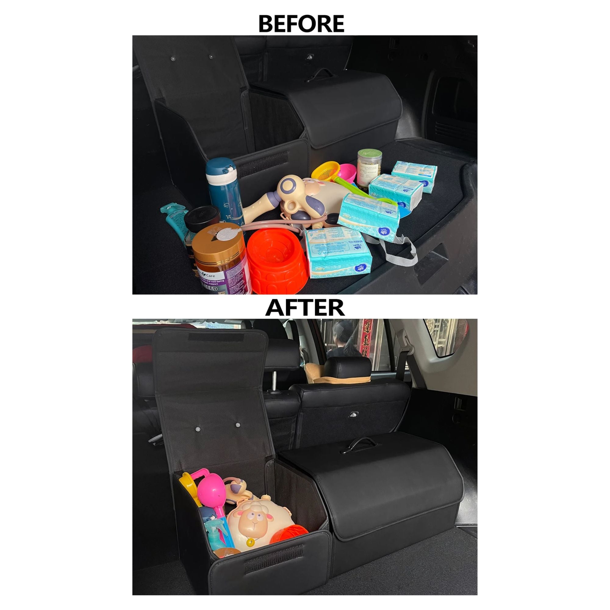 Before and after comparison demonstrating a messy, cluttered car boot transformed into a neat, organised space using black leather storage boxes.