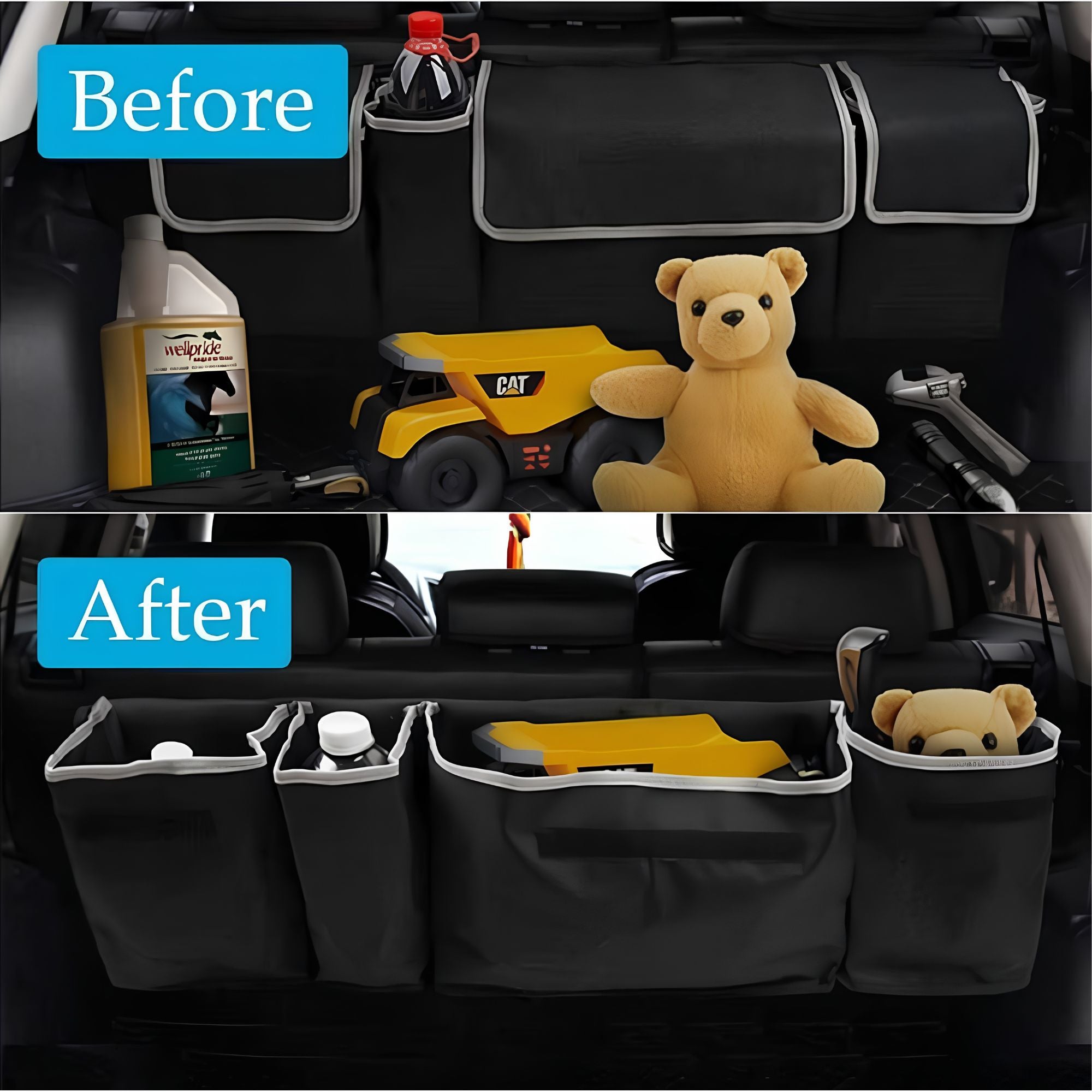 Before and after comparison demonstrating the car boot organiser clearing vehicle cargo space by storing loose bottles, toys, and tools inside its suspended compartments.