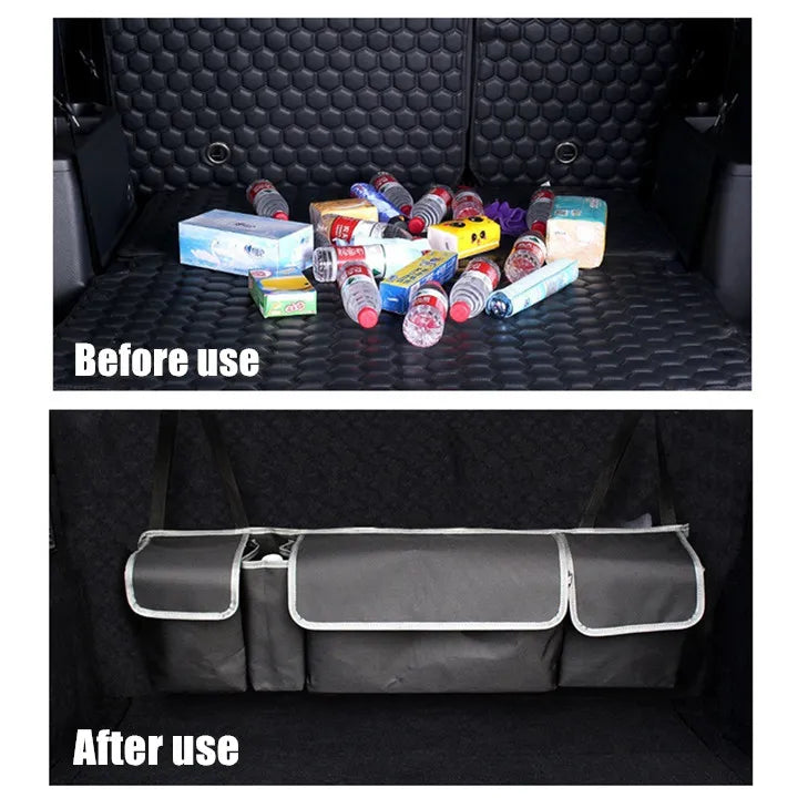 Before and after comparison showing scattered water bottles and daily items on a vehicle floor being neatly stored inside the hanging car boot organiser.