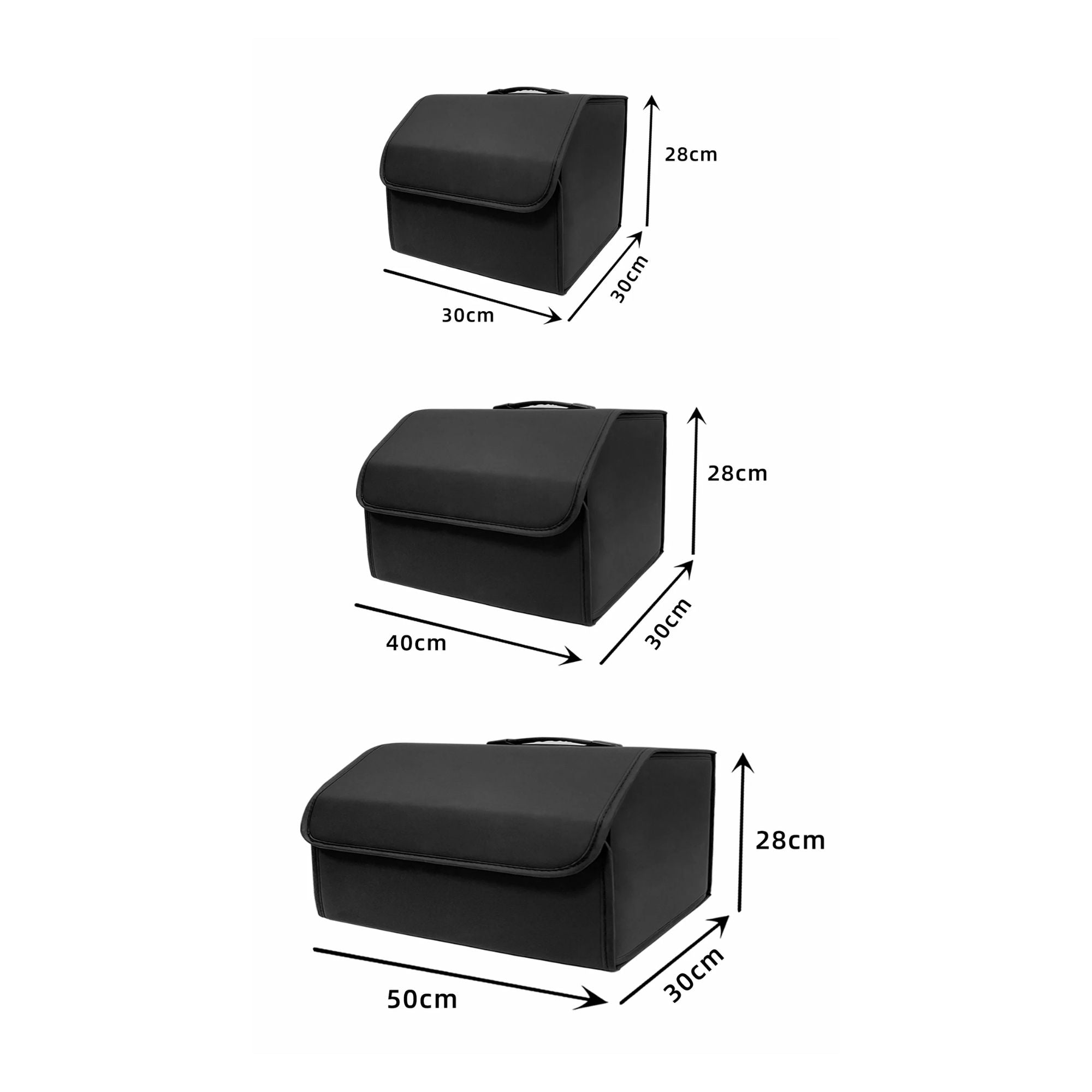 Dimension guide showing the exact length, width, and height measurements for the small, medium, and large collapsible car boot organisers.