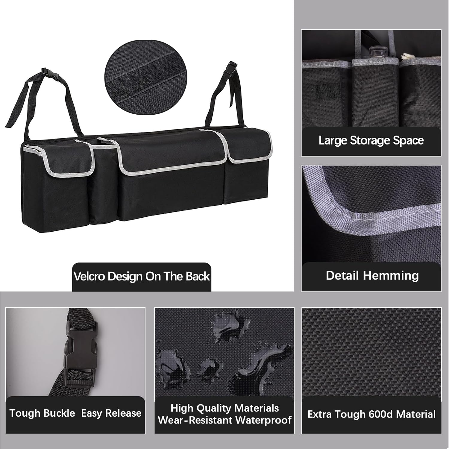 Grid detailing the construction of the car boot organiser, including the rear velcro design, waterproof material surface, reinforced hemming, and heavy-duty buckles.