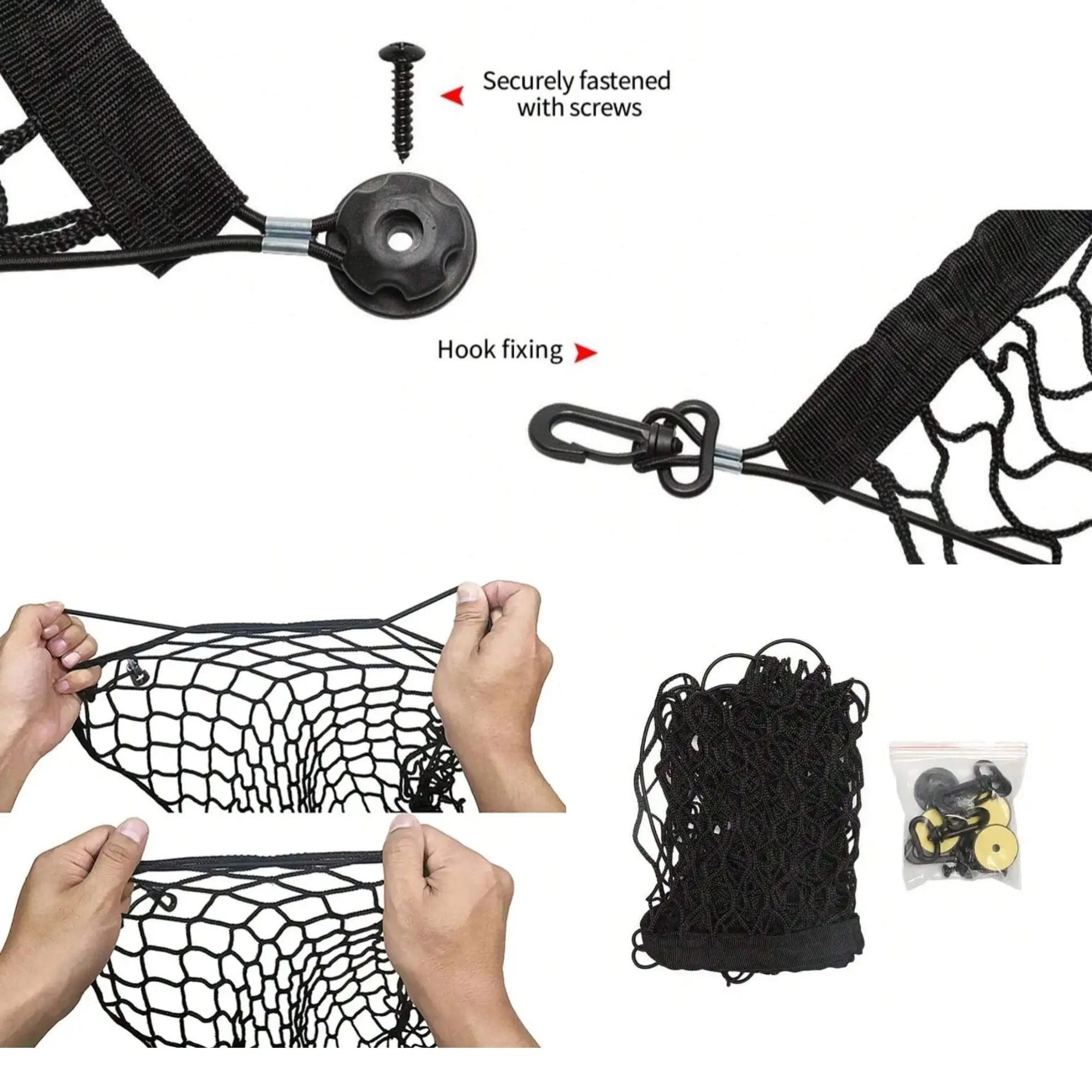 A demonstration of the elastic mesh barrier being stretched by hand, alongside a diagram illustrating the hook and screw installation process.