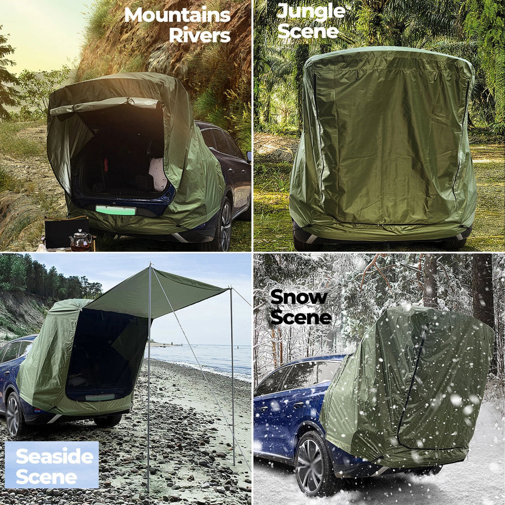 Grid of four images showing the car boot tent deployed in various outdoor environments, including mountainous terrains, seaside, and snow conditions.