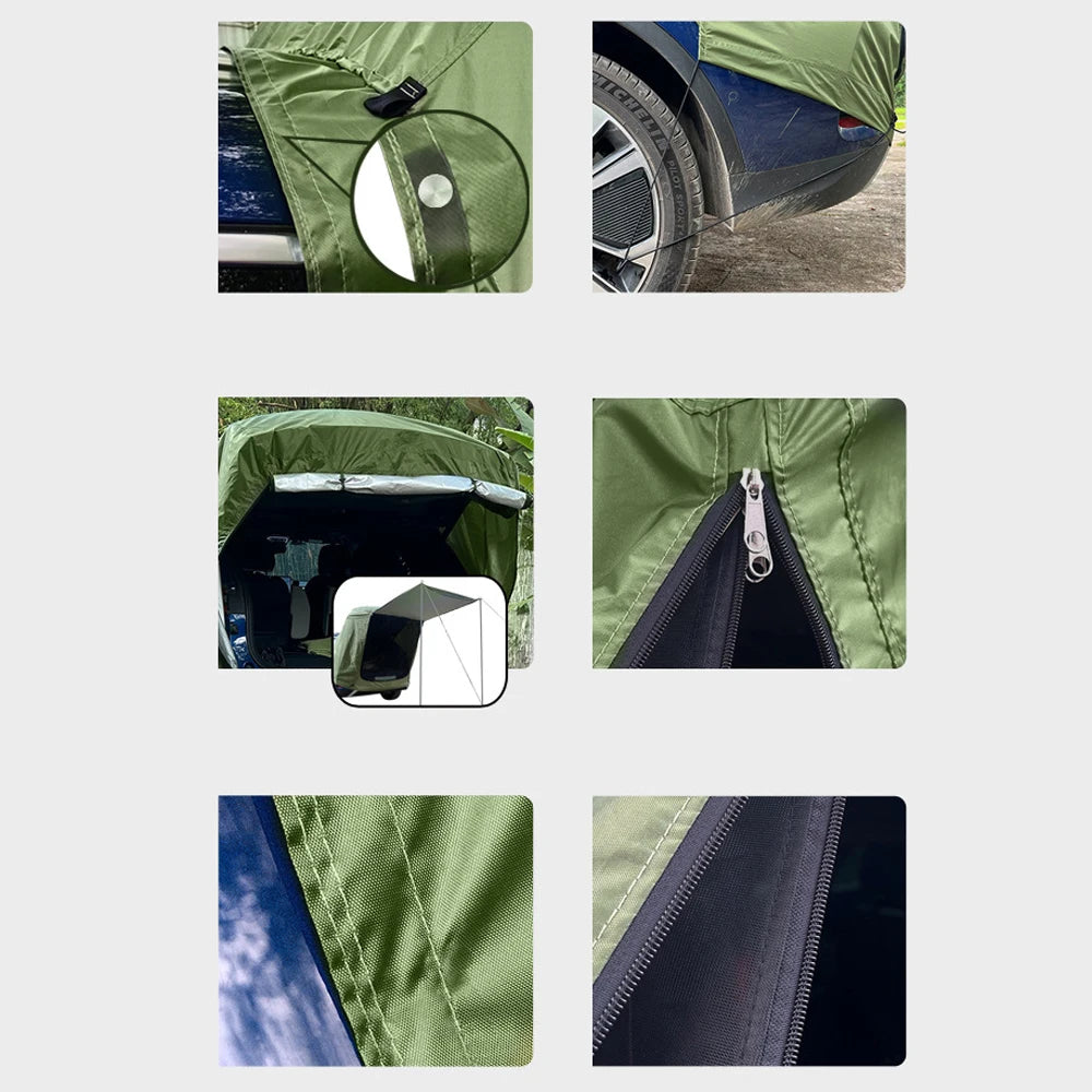 Detailed views of the car boot tent construction, featuring the two-way mesh door zippers, reinforced stitching, and secure tie-down points.