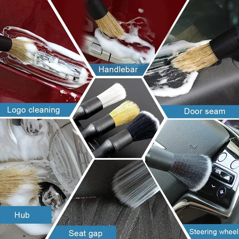 Collage demonstrating the car detailing brush kit being used on vehicle logos, door seams, steering wheels, seat gaps, and wheel hubs.