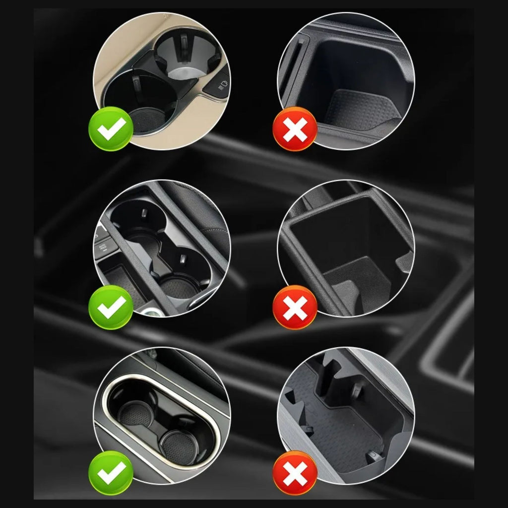 Compatibility guide for the car cup holder expander, illustrating suitable round vehicle cup holders with green checkmarks versus incompatible square or irregular shapes with red crossmarks.
