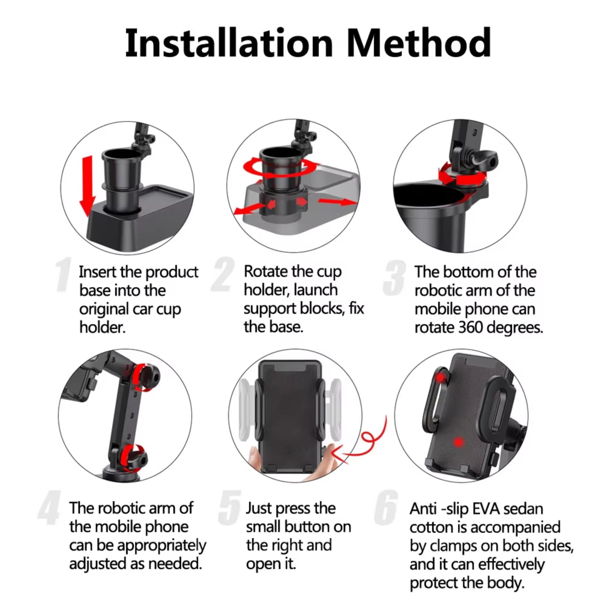 Six-step graphical installation guide demonstrating how to insert, twist, and secure the adjustable cup holder expander base into a vehicle's center console.
