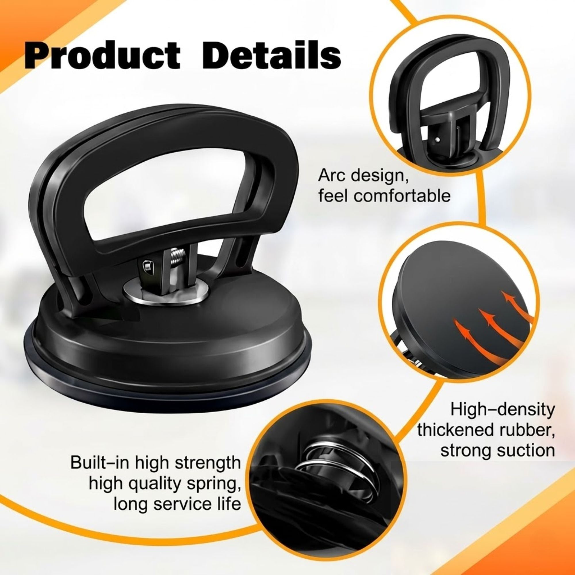 Detailed structural breakdown of the car dent puller highlighting the ABS plastic handle, internal metal spring, and high-density thickened rubber base.