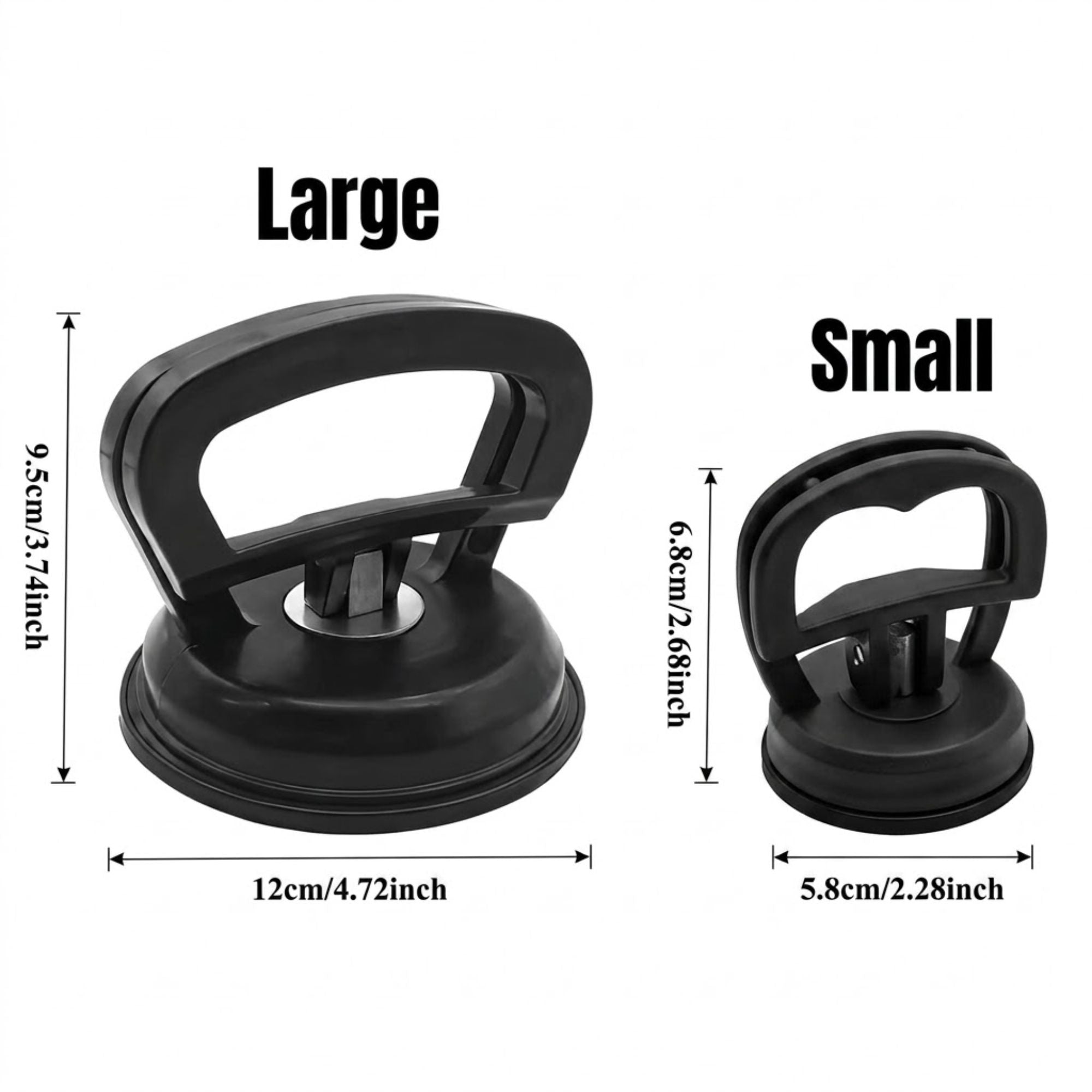 Dimensional graphic detailing the large dent puller at 11.8 centimetres in base diameter and the small dent puller at 5.8 centimetres in base diameter.