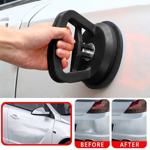 Hand operating the large suction cup dent puller on a white vehicle panel, alongside before and after exterior repair images.