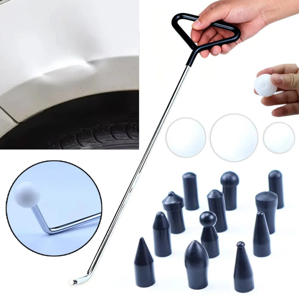Collage showing a depressed metal car panel alongside the stainless steel repair rod and its interchangeable composite attachment tips.