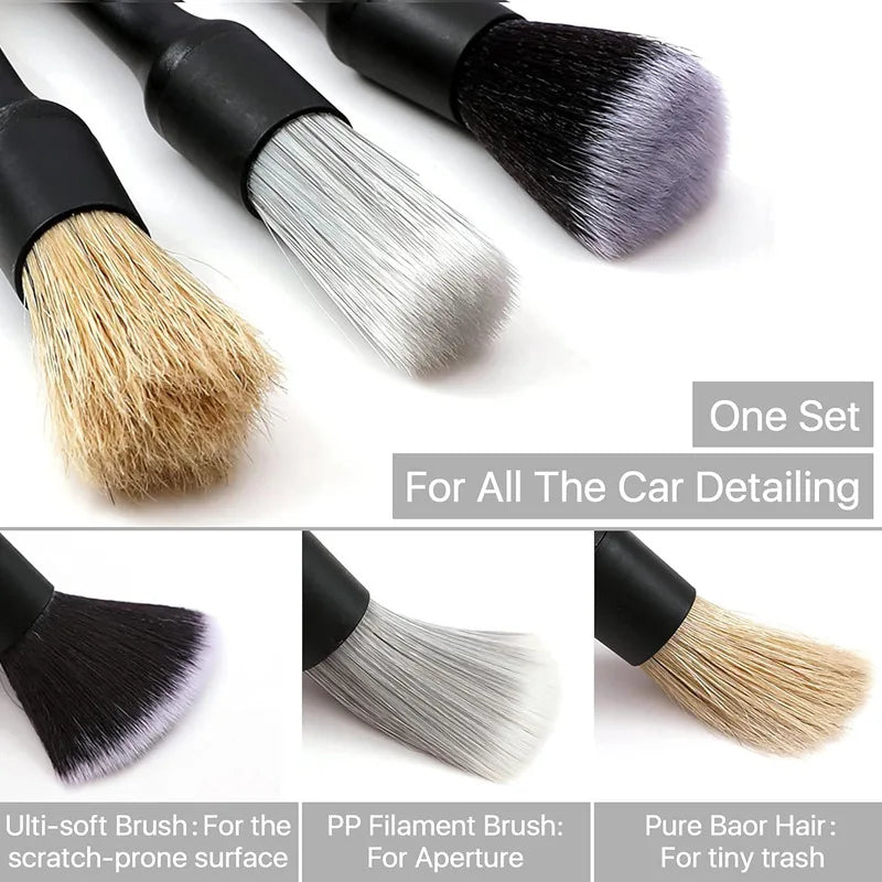 Close-up of three car detailing brush heads showing synthetic faux wool, PP filament, and pure boar hair bristles.