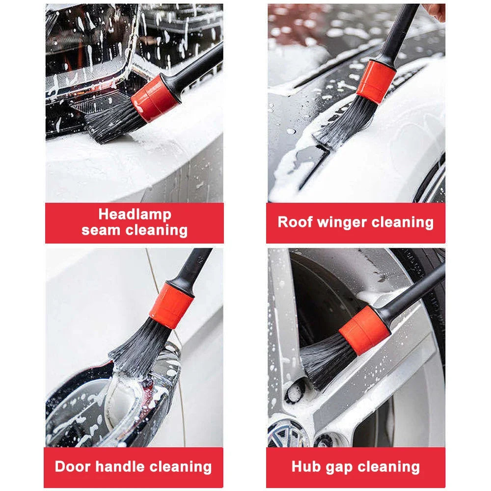 Car detailing brush being applied to a vehicle's headlamp seam, roof winger, door handle, and wheel hub gap.