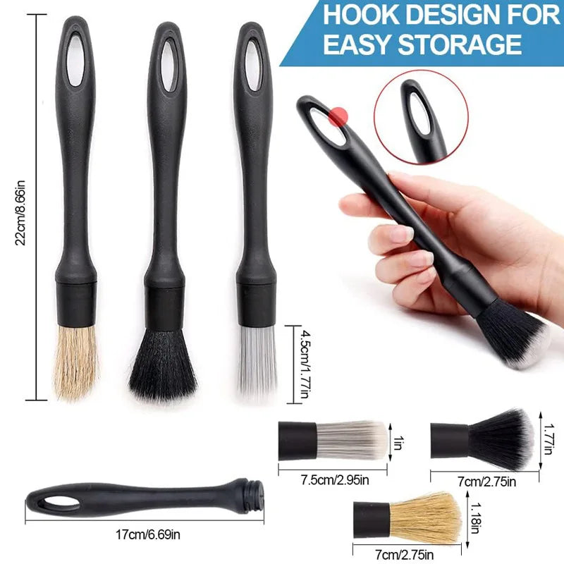Dimensions guide for the varied car detailing brushes, highlighting the handle lengths and the integrated hanging hook design for storage.