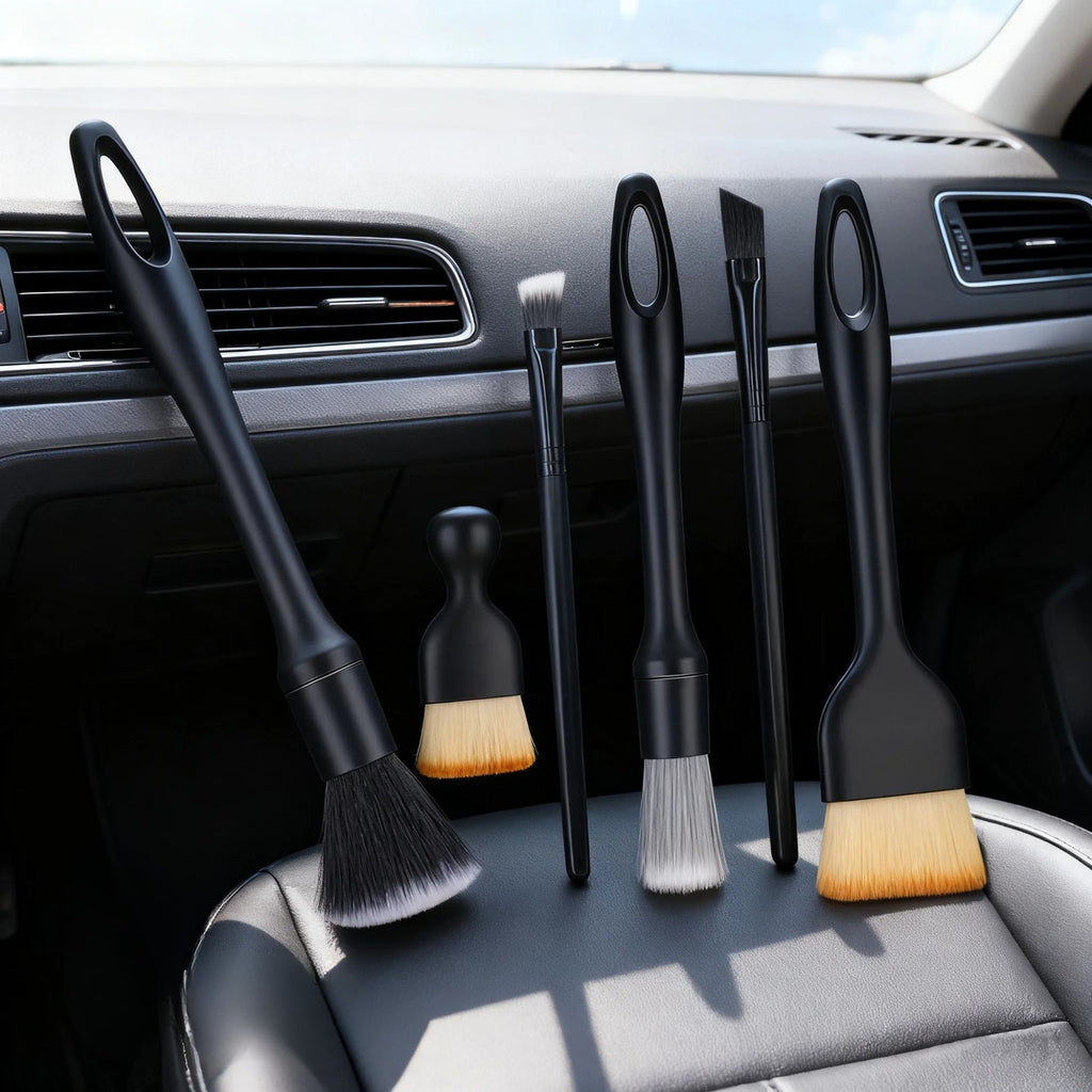 Assorted car detailing brushes resting on a black leather vehicle seat, demonstrating product scale and interior application.