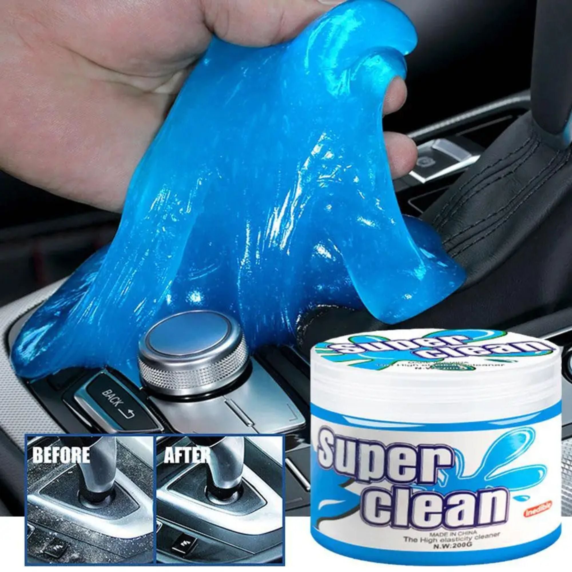 Blue car detailing gel stretched over a vehicle center console, featuring a before and after comparison highlighting the complete removal of dust and crumbs.