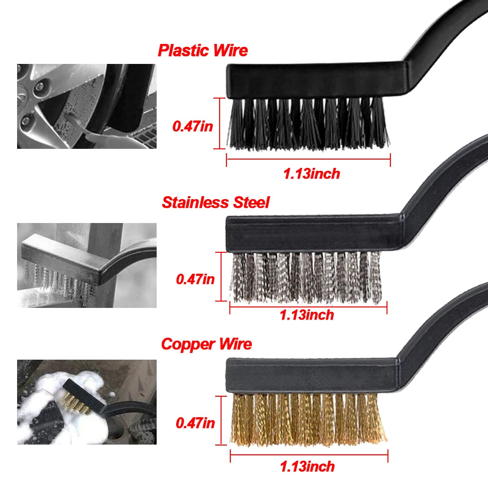 Three car detailing wire brushes featuring plastic, stainless steel, and copper bristles, displaying a bristle length of 1.18 inches.