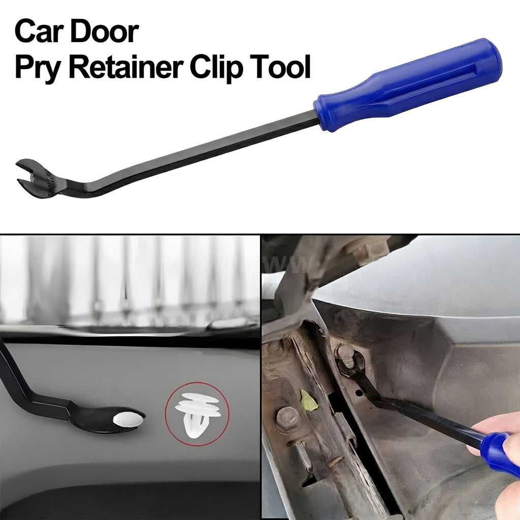 Close-up demonstration of a metal pry tool safely extracting a plastic push retainer clip from a vehicle panel without damaging the surrounding trim.