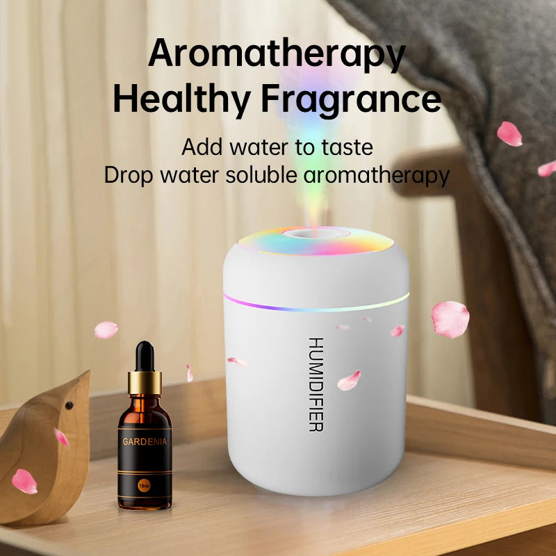 Pearl white car humidifier displayed alongside a bottle of water-soluble essential oil, highlighting its dual-purpose aroma diffuser functionality.