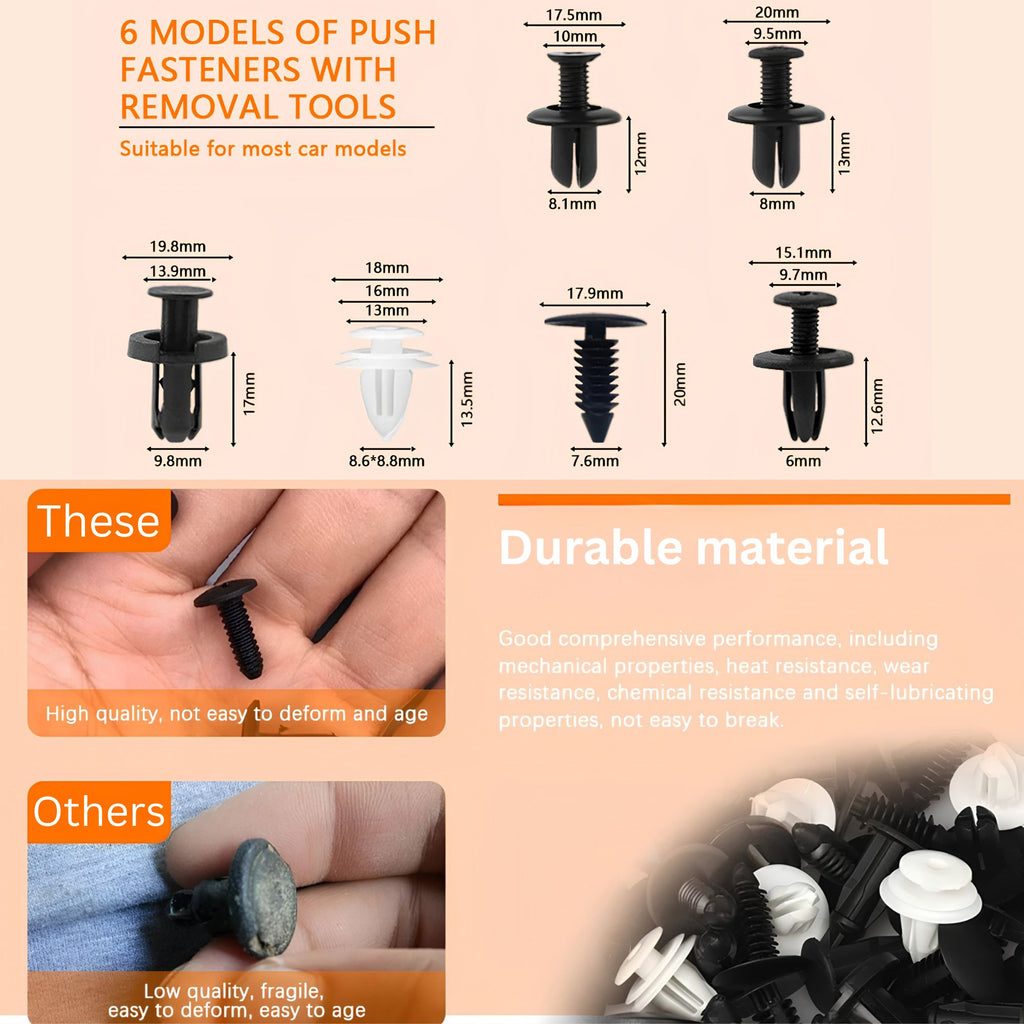 Infographic detailing the dimensions of six common car push fastener models alongside a durability comparison demonstrating the strength of reinforced nylon material.
