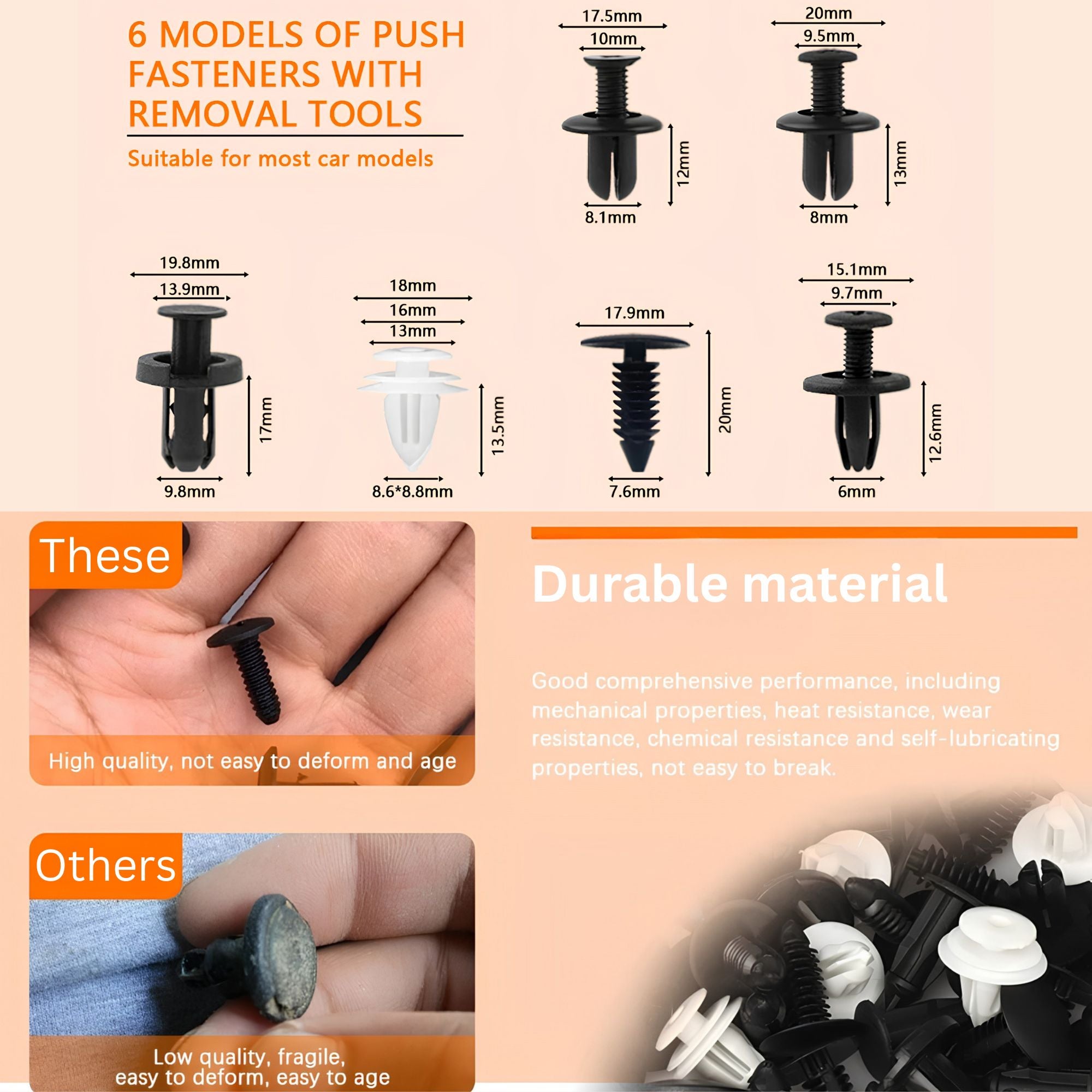 Infographic detailing the dimensions of six common car push fastener models alongside a durability comparison demonstrating the strength of reinforced nylon material.