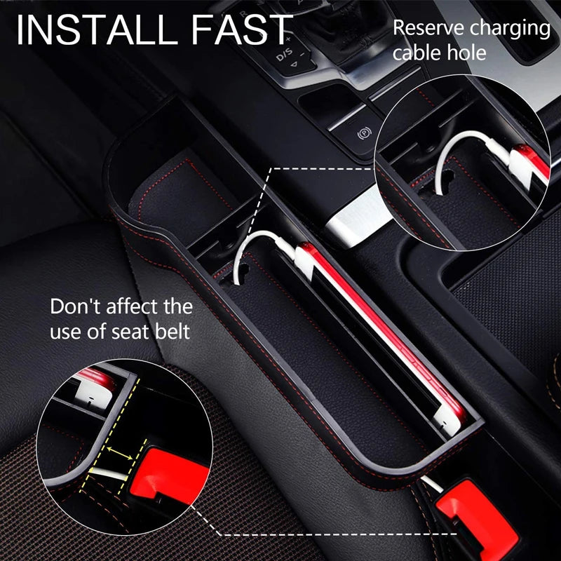 Graphic demonstrating a car seat gap organiser's built-in charging cable hole and its unobstructed clearance for the passenger seat belt buckle.