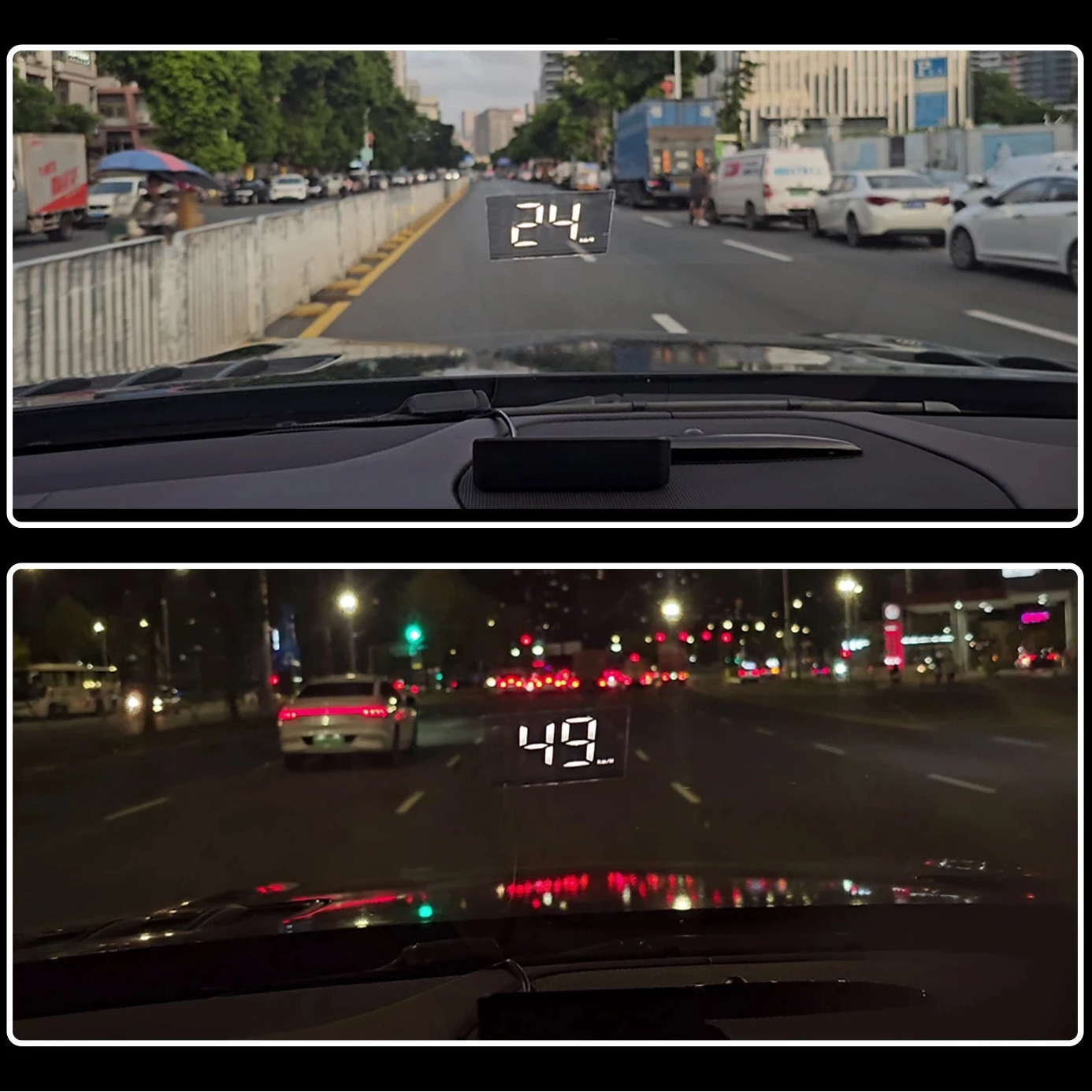 plit-screen comparison showing the head-up display projecting speed data onto a vehicle windshield during both daytime and nighttime transit.