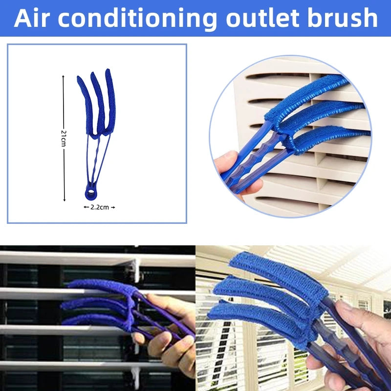 Blue car interior air conditioning vent cleaning brush with three prongs being used on a vehicle's air vent.