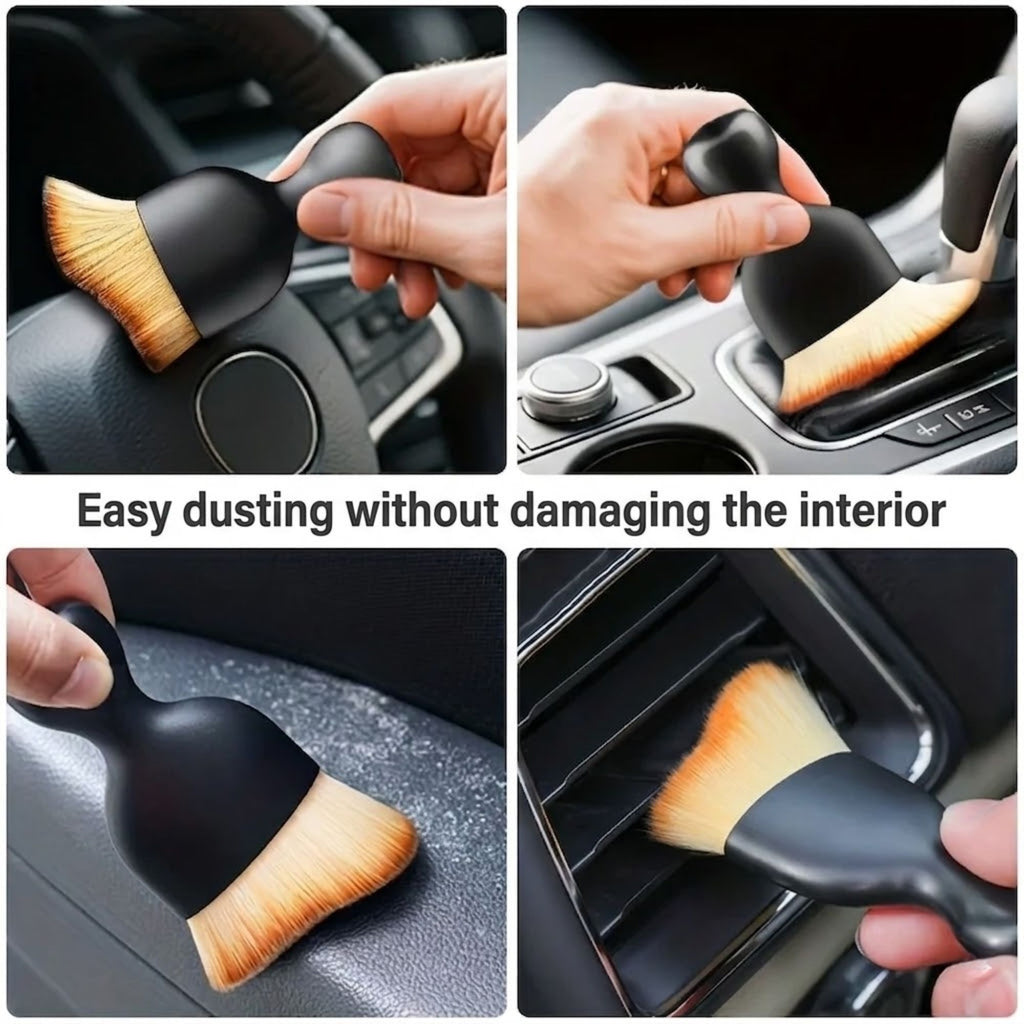 Four panel grid showing the interior detailing brush sweeping dust from car air vents, steering column, and centre console areas.