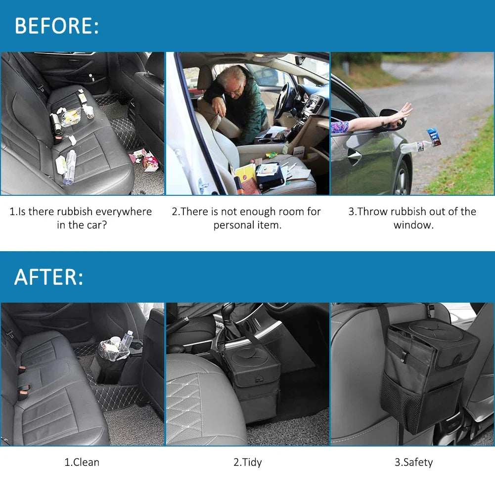 Before and after comparison showing a cluttered vehicle interior compared to an organised space using the car rubbish bin.