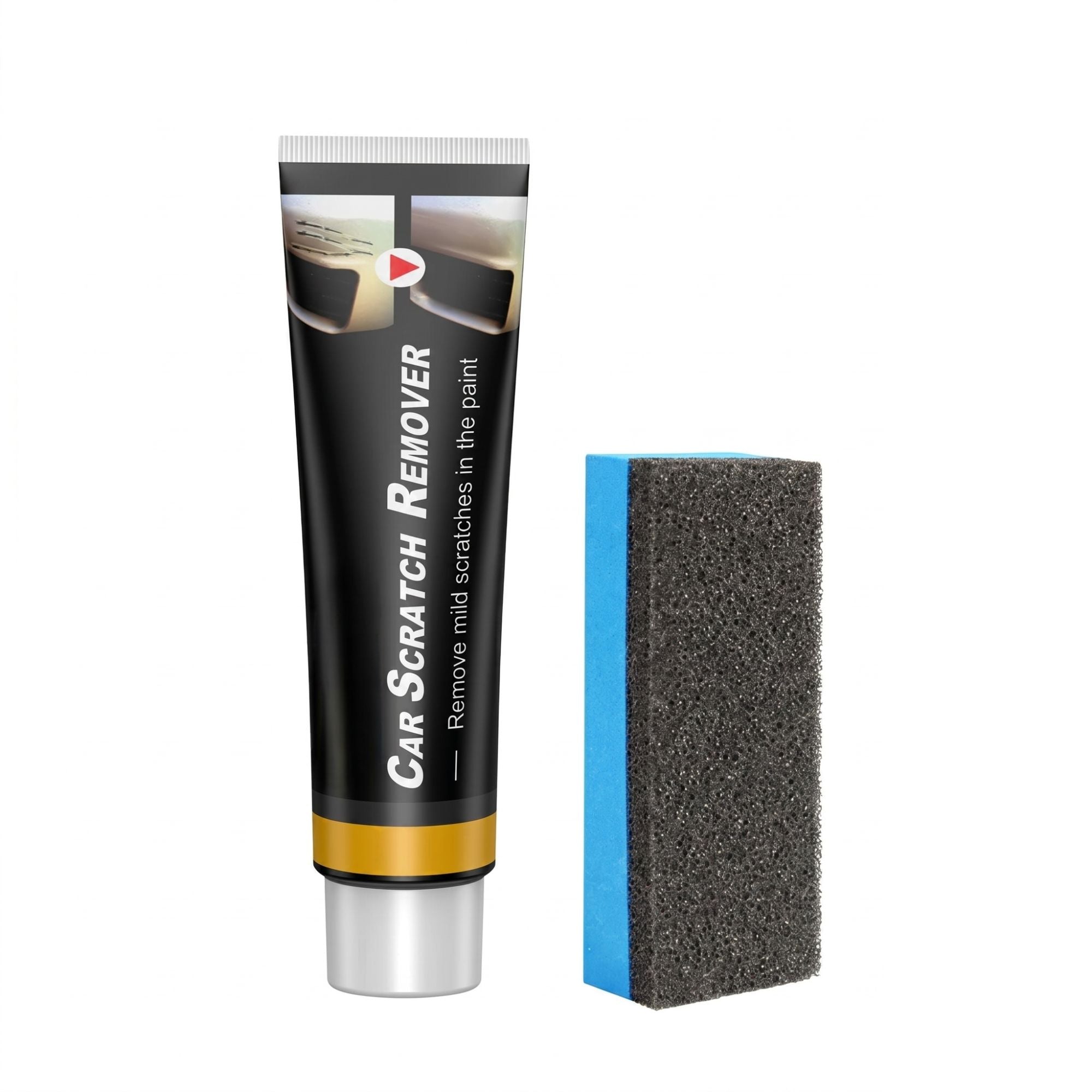 A 1-piece starter kit of car paint scratch remover tube alongside a heavy-duty blue and black polishing application sponge, isolated on a white background.