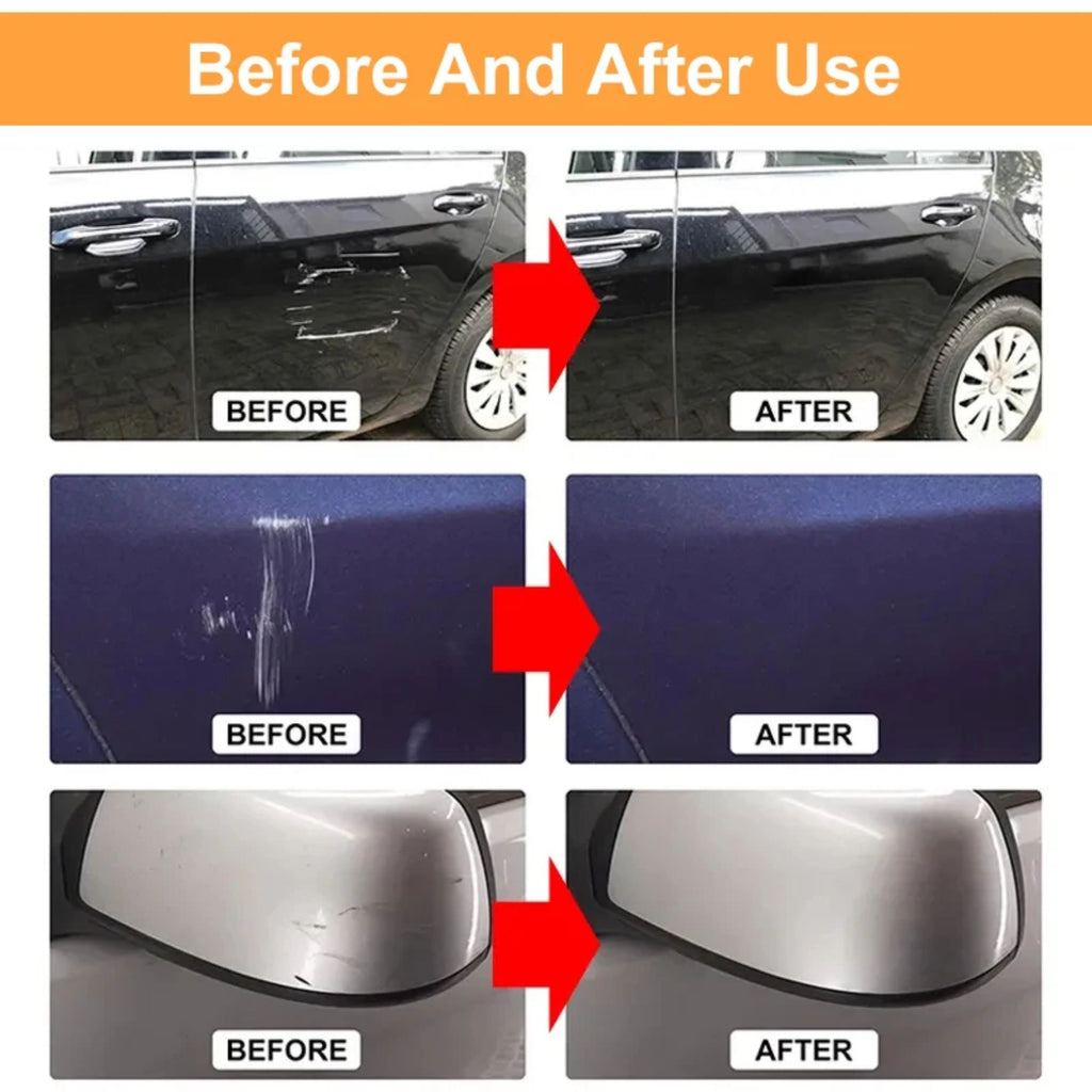 A multi-panel collage of before and after comparisons demonstrating the effective removal of deep scratches, scuffs, and paint transfers on various dark and light-coloured vehicle doors and bumpers.