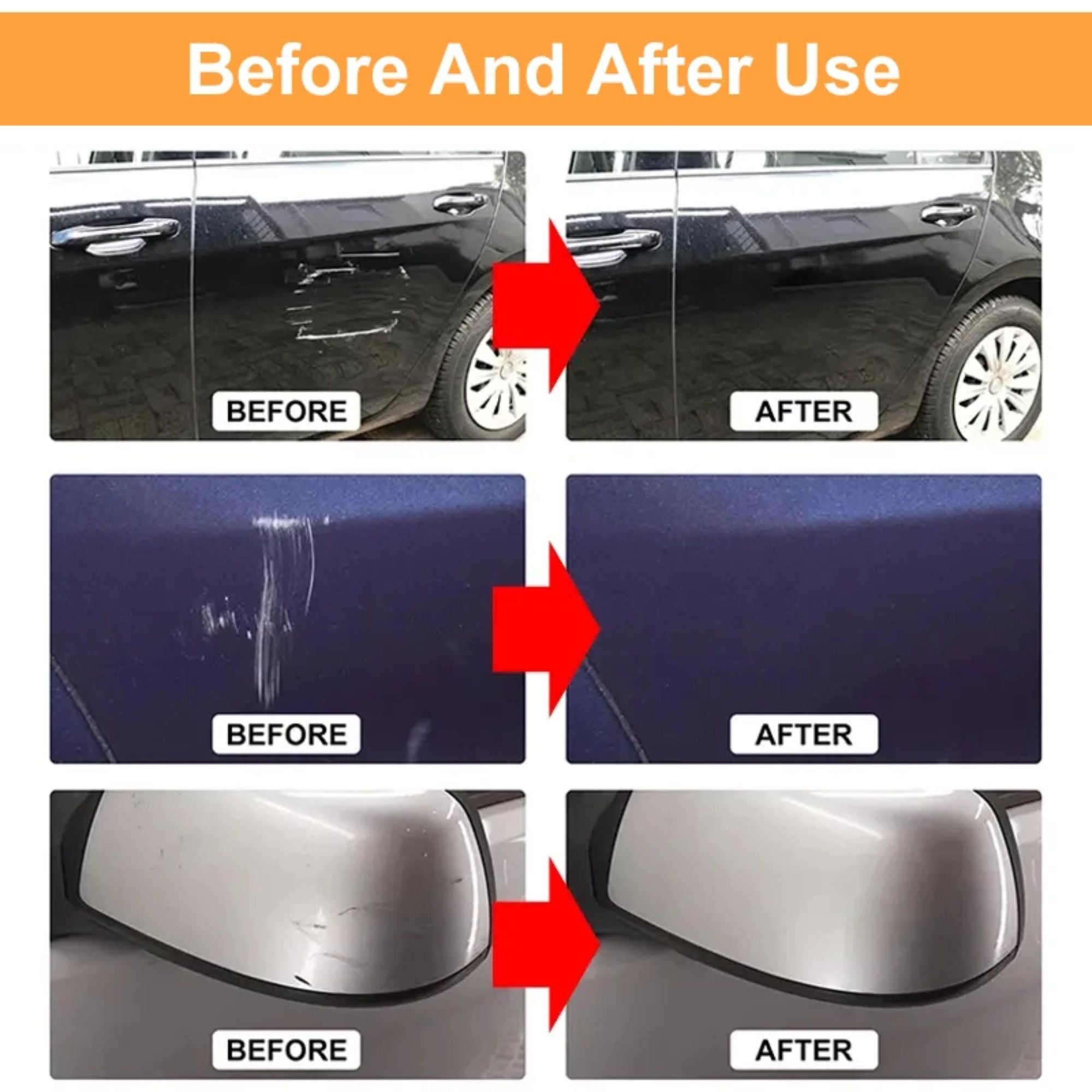 A multi-panel collage of before and after comparisons demonstrating the effective removal of deep scratches, scuffs, and paint transfers on various dark and light-coloured vehicle doors and bumpers.