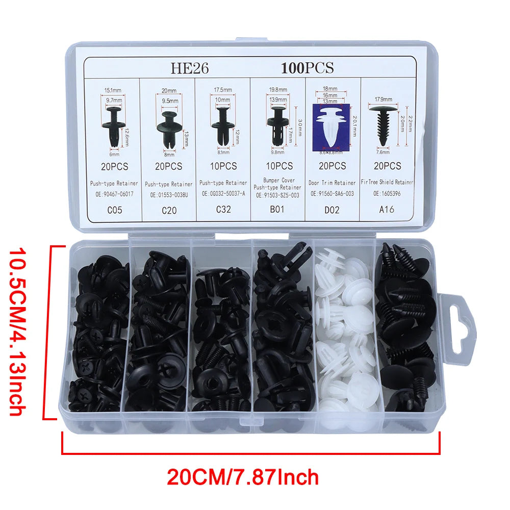 Dimension graphic showing a compartmentalised car clip storage box measuring 20 centimetres in length by 10.5 centimetres in width.