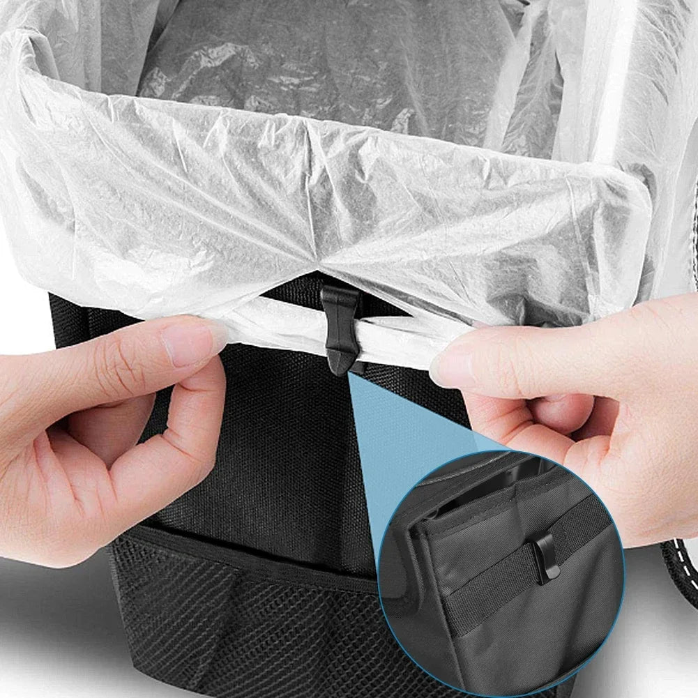 Close-up of the fastening clip securing a rubbish bag liner inside the Collapsible Car Rubbish Bin