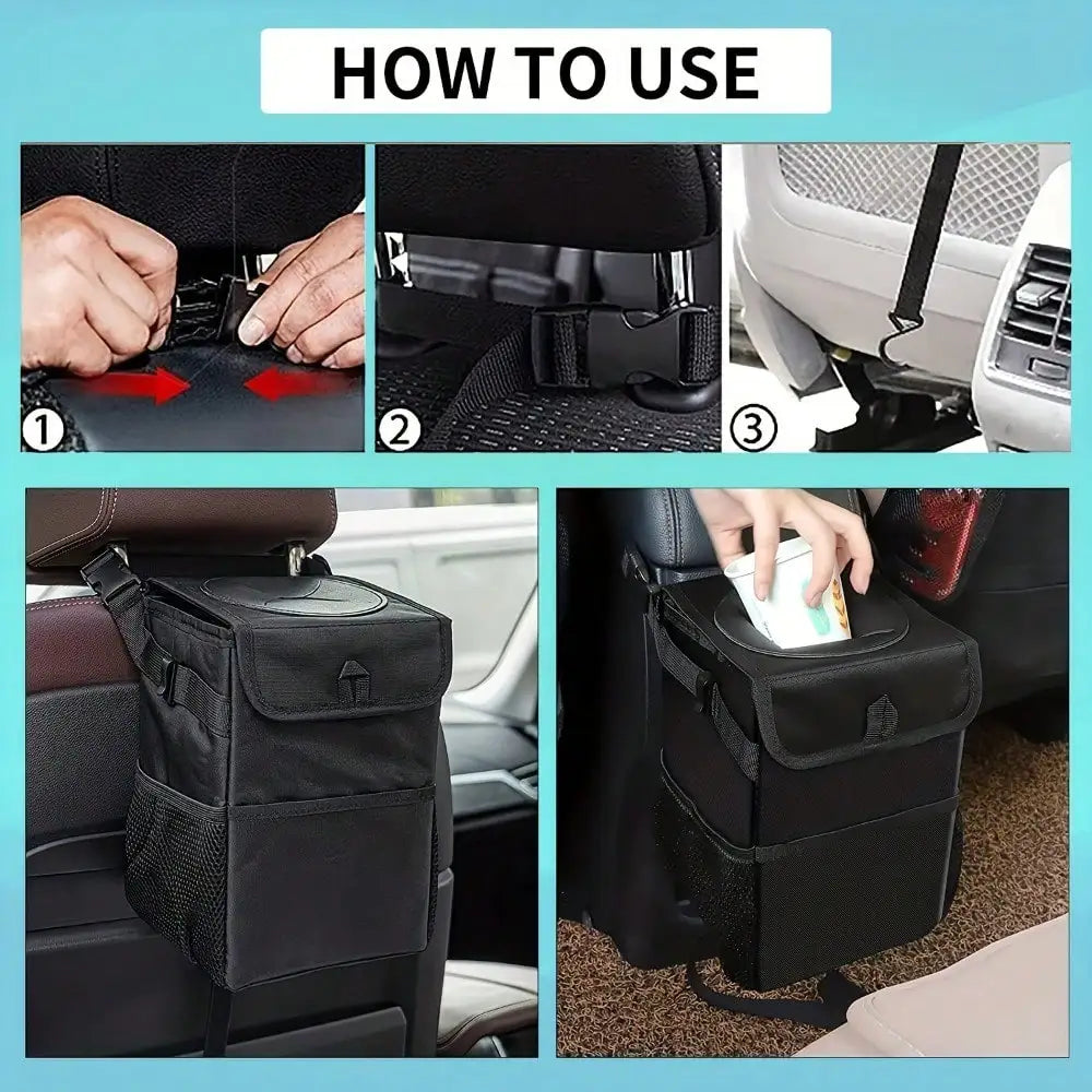 Step-by-step installation guide for the car rubbish bin and a demonstration of passing an item through the rubber dispenser lid.