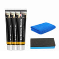A 3-piece detailing kit featuring three tubes of car paint scratch remover, a polishing application sponge, and a premium blue microfibre towel, isolated on a white background.