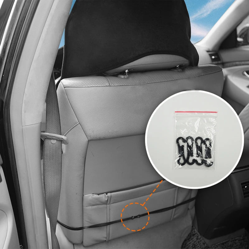 Rear view of a vehicle seat showing the cover's elastic retention straps and the included plastic installation hooks.