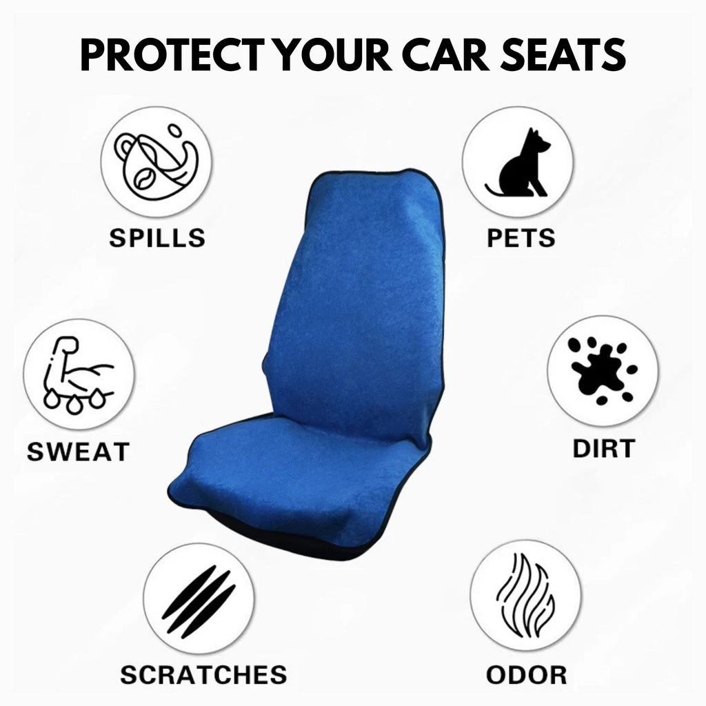 Diagram detailing car seat cover protection capabilities against spills, sweat, scratches, pets, dirt, and odour.