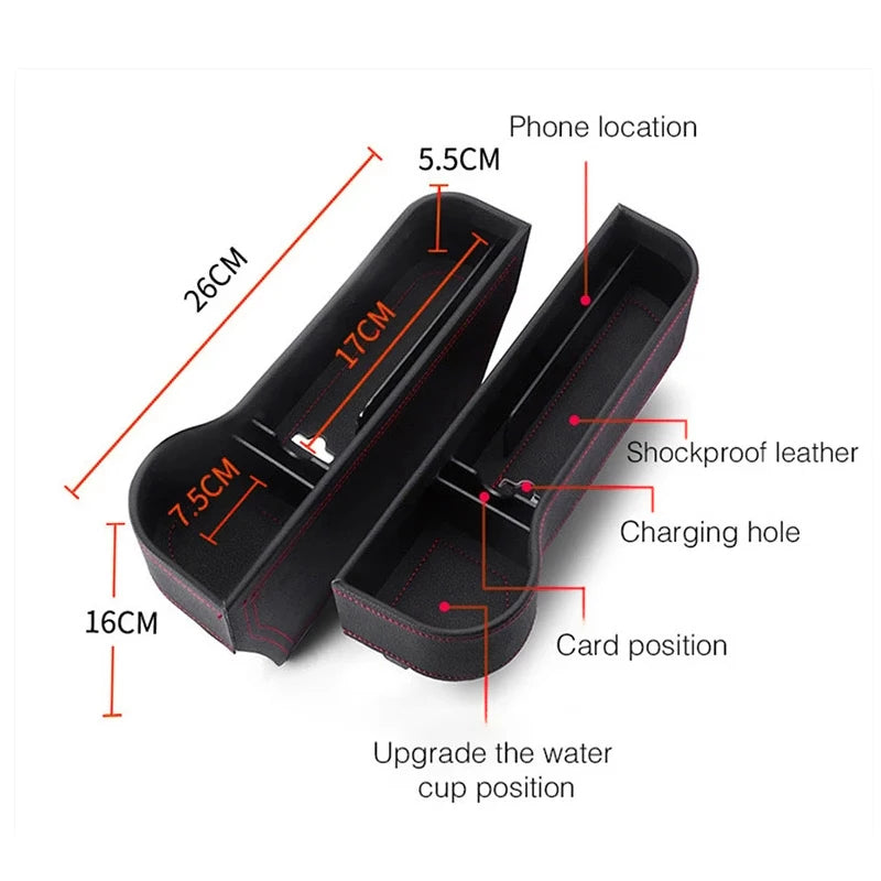 Diagram detailing the internal compartments of a car seat gap filler, including dedicated slots for a phone, cup, and charging cable access.