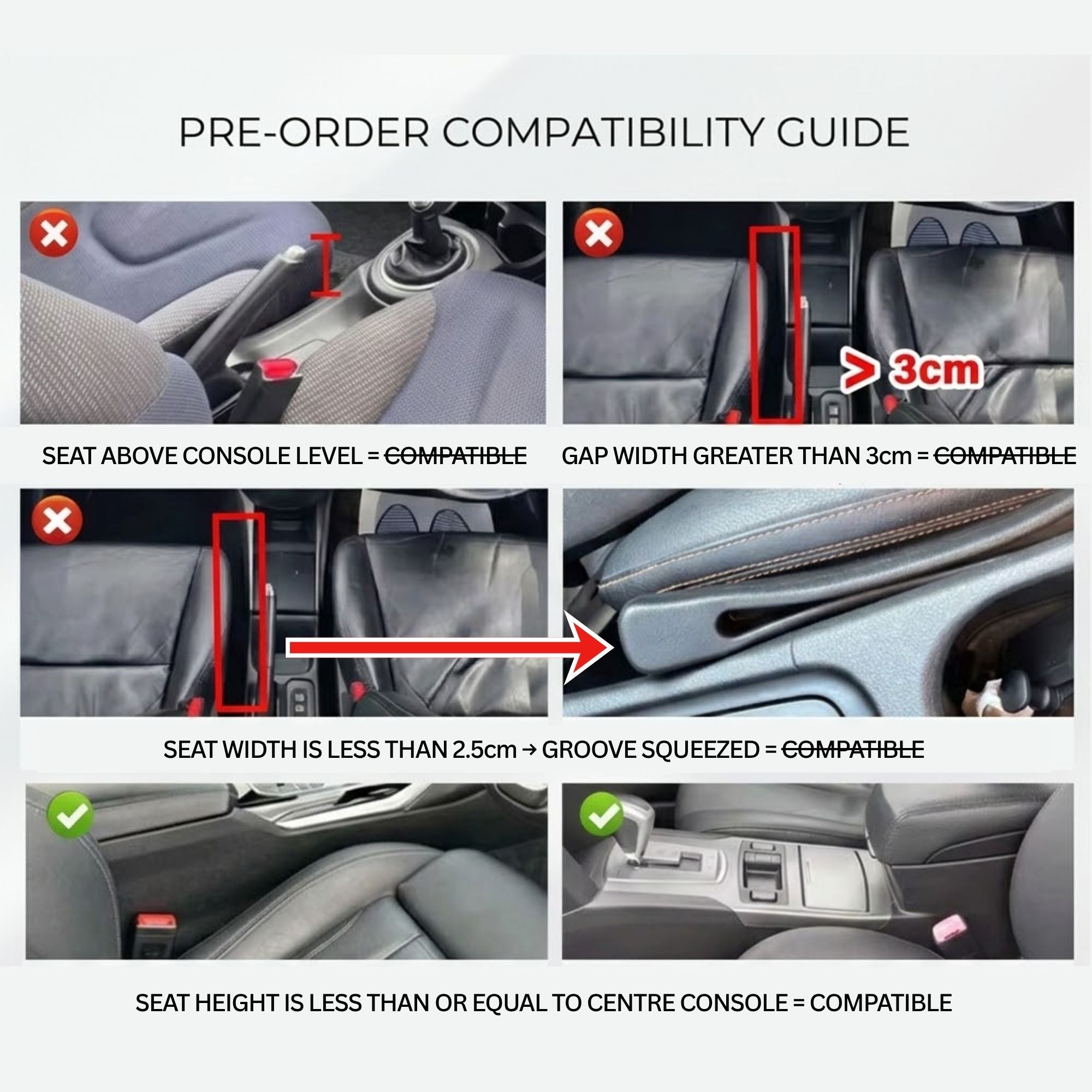 Compatibility guide for car seat gap fillers detailing suitable seat and centre console heights for secure installation.
