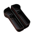 Black two-pack multifunctional car seat gap filler and crevice storage organisers with red stitching on a white background.