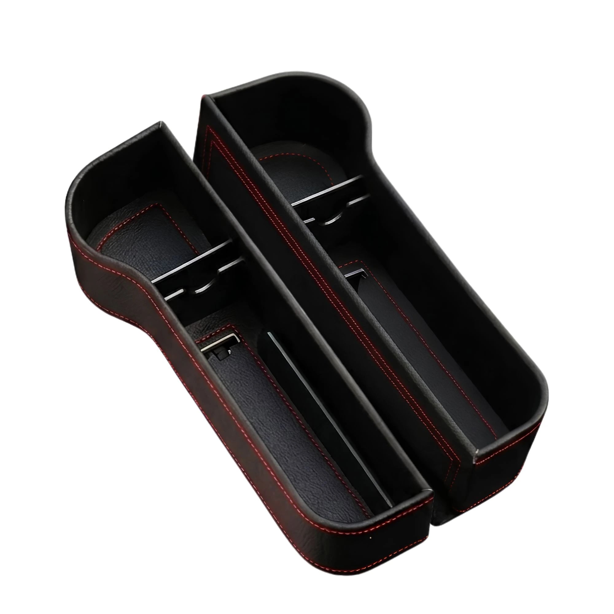 Black two-pack multifunctional car seat gap filler and crevice storage organisers with red stitching on a white background.