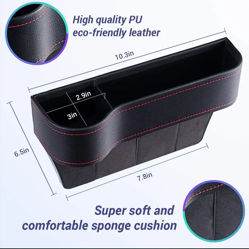 Dimension diagram of a car seat gap organiser highlighting its PU leather construction and flexible sponge cushion backing.