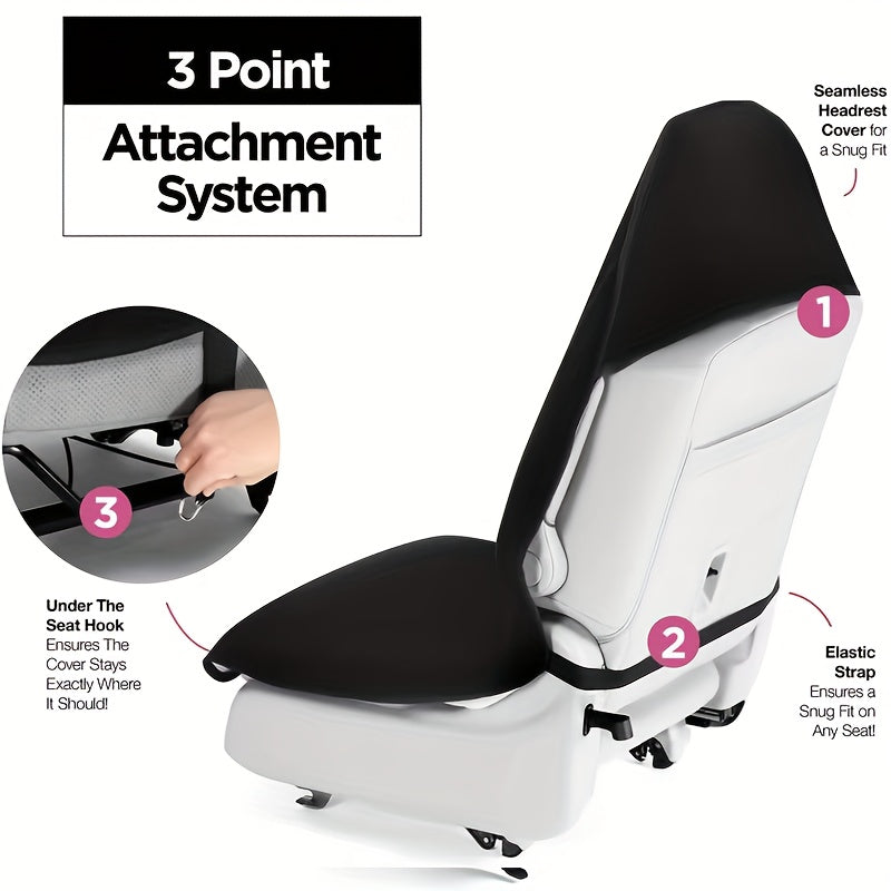 Instructional diagram illustrating the three point attachment system used to secure the towel car seat cover to the vehicle seat base and backrest.