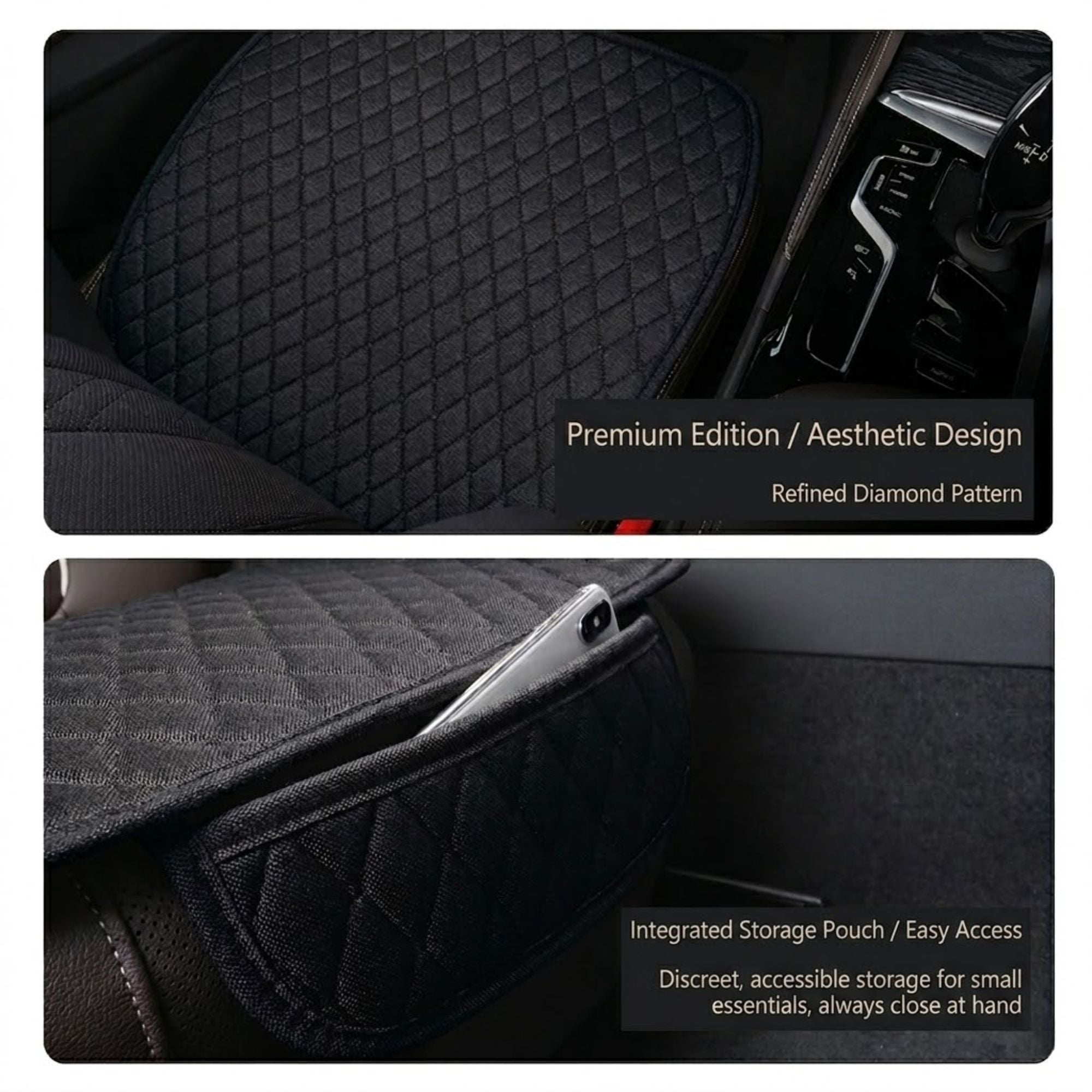Close-up detail showing a smartphone stored conveniently inside the integrated front-hanging pocket of a linen vehicle seat protector.