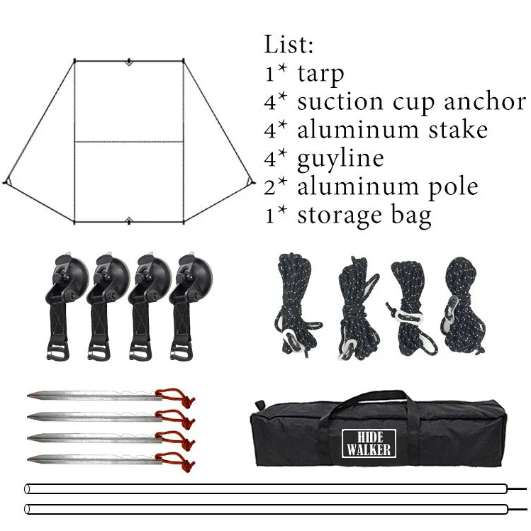 Complete contents of the car side awning kit, including the black tarp, two aluminium poles, four suction cup anchors, four guylines, four ground stakes, and a storage bag.