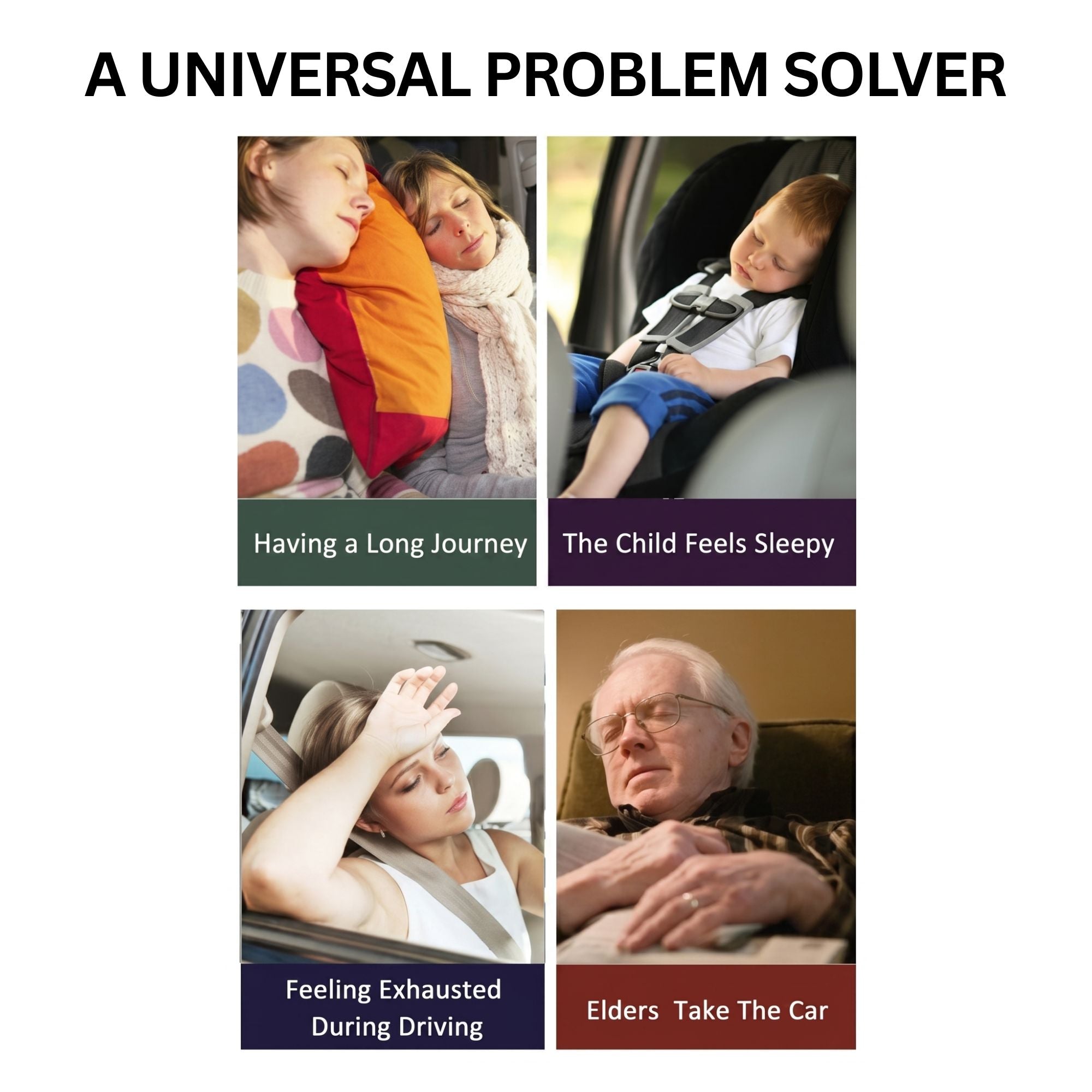 A four-panel collage illustrating common long-journey car travel problems solved by a backseat bed, including uncomfortable sleepy passengers, restless children, and exhausted drivers.