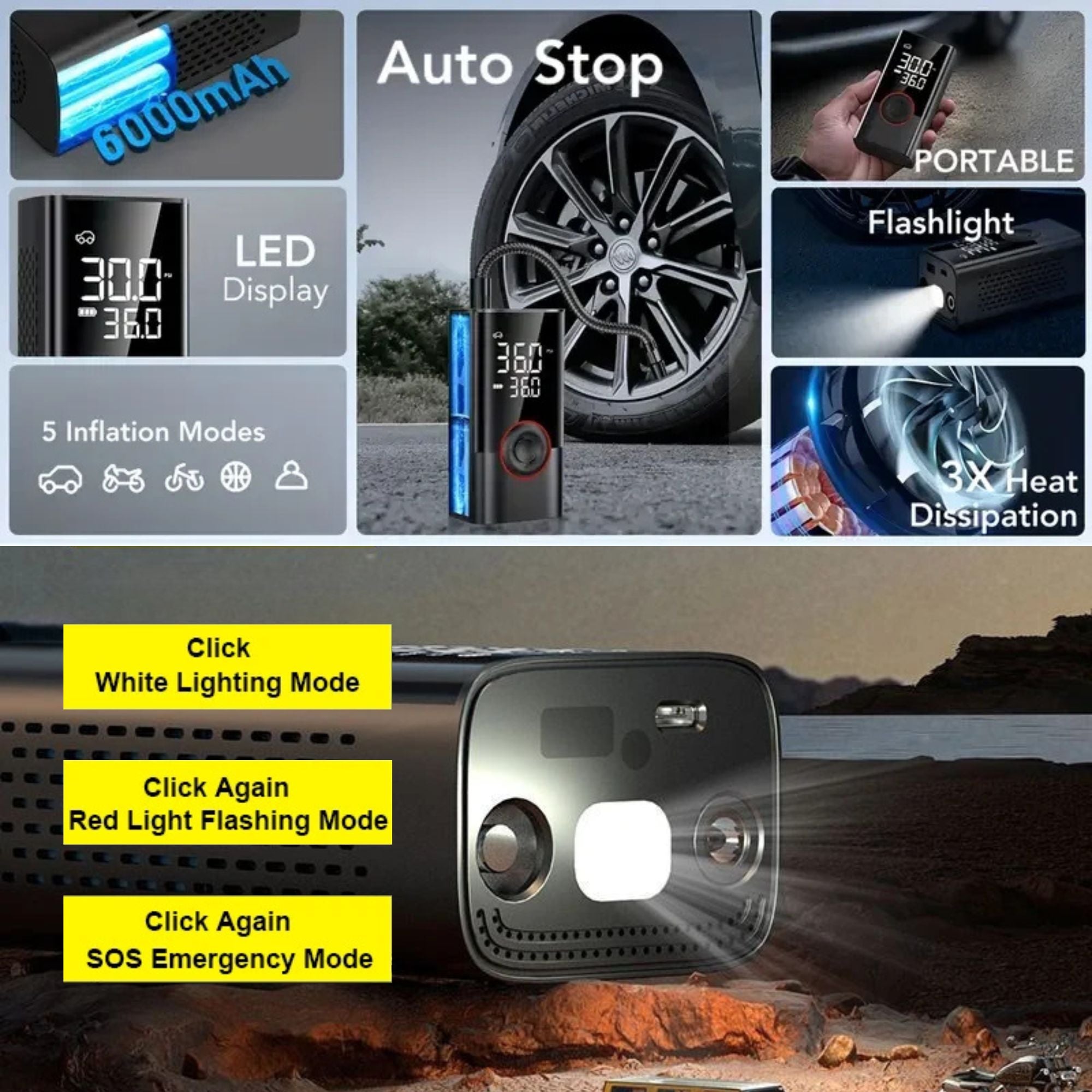 Display of the air compressor's integrated emergency LED flashlight, featuring standard white illumination, red flashing mode, and SOS signalling for roadside safety.