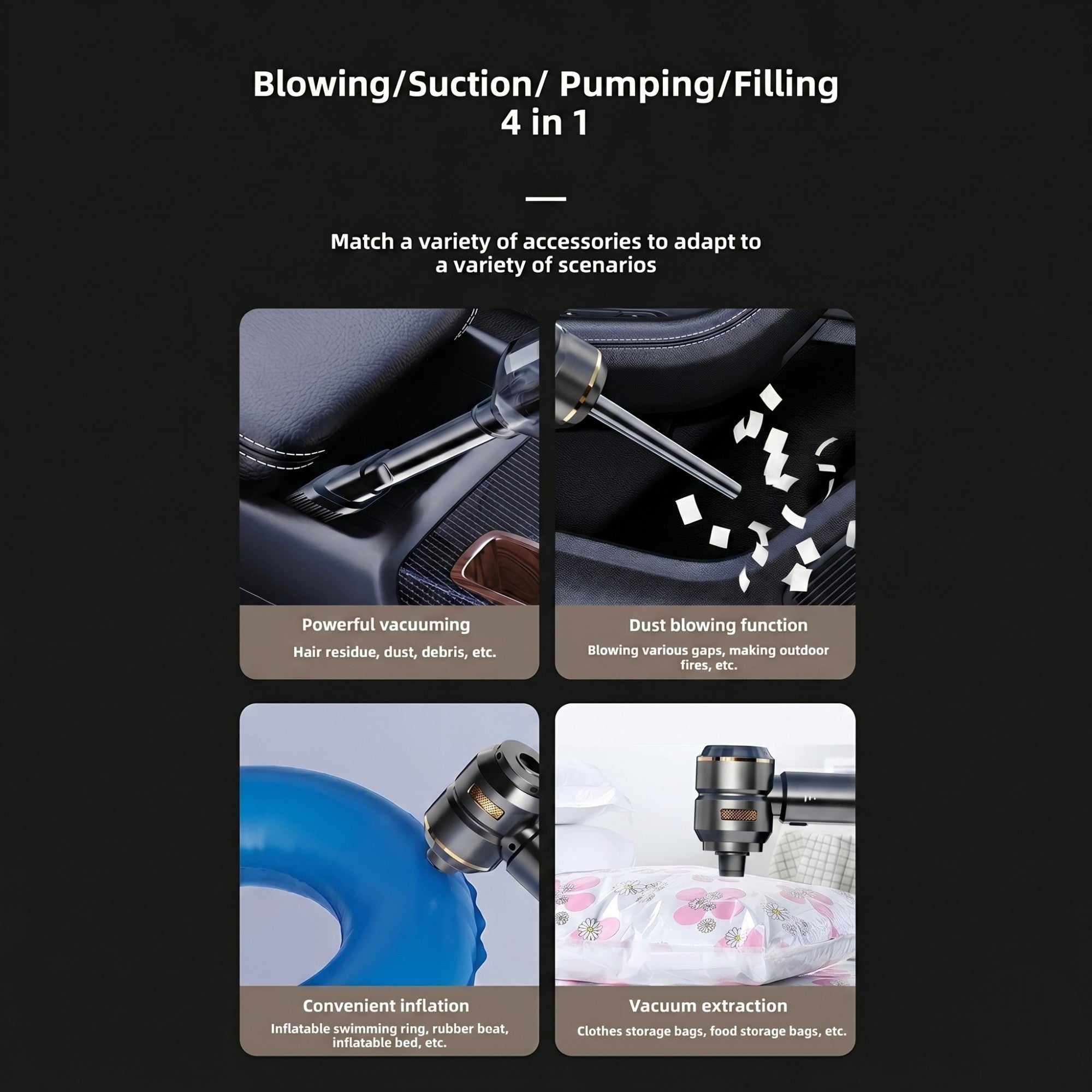 Infographic detailing the 4-in-1 blowing, suction, pumping, and filling functions of the cordless car vacuum for various cleaning scenarios.